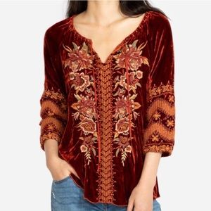 Johnny Was Elim Peasant Red Rust Crushed Velvet Embroider Floral Popover Medium